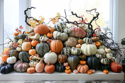 A pile of pumpkins and gourds rests, a Photo by Iftikhar Alam
