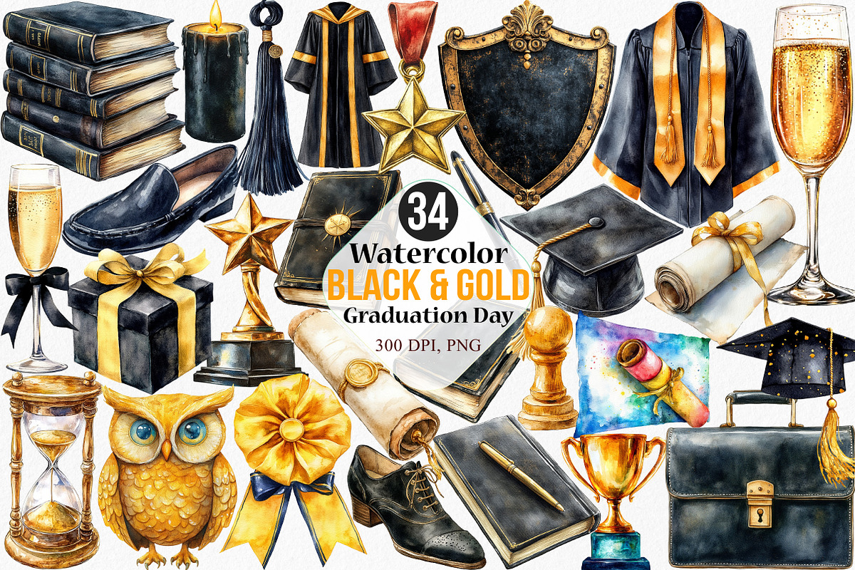 Black & Gold Graduation Day Clipart, an Illustration by Canvas Craft (Photo 1 of 7)