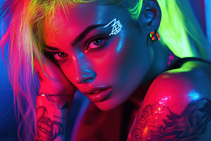 A striking portrait of a model with vibrant neon hair and makeup, showcasing co, a Person Photo by Textures & Backgrounds