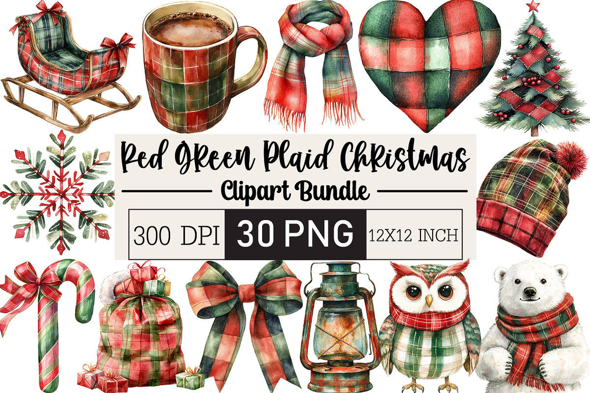 Red Green Plaid Christmas Clipart, an Illustration by Black Bird Studio (Photo 1 of 6)