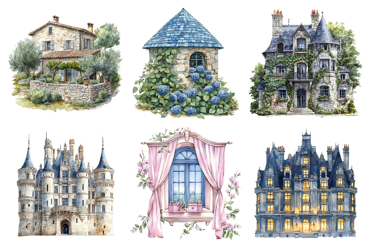 French Chateau Watercolor Clipart, a Texture Illustration by Daily.Designs (Photo 3 of 5)