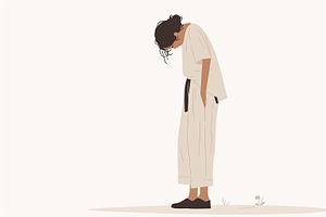 Minimalist illustration of a tired person leaning forward in fatigue or sadness, an Illustration by AS photostudio