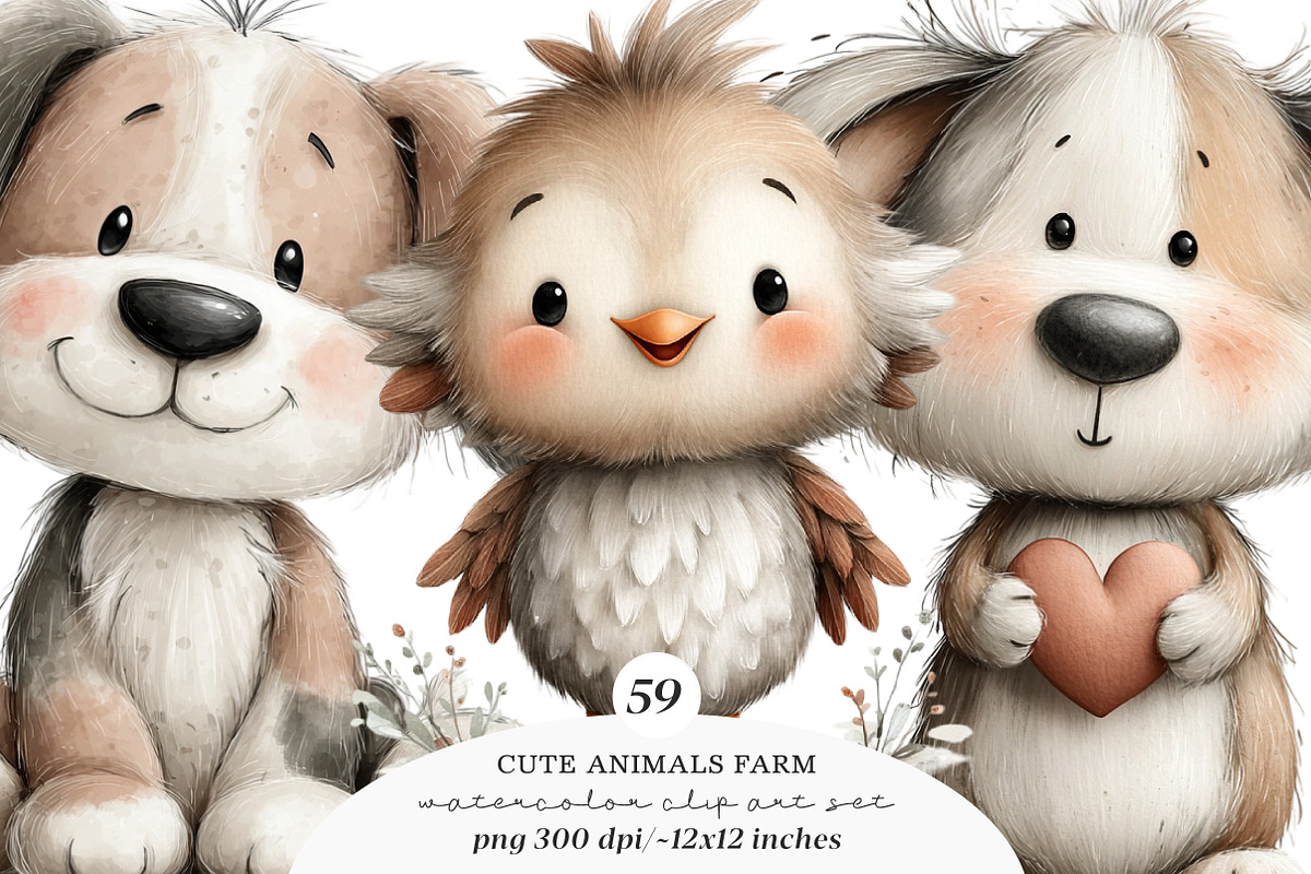 Watercolor cute animals farm clipart, an Illustration by SinaCreation (Photo 1 of 10)