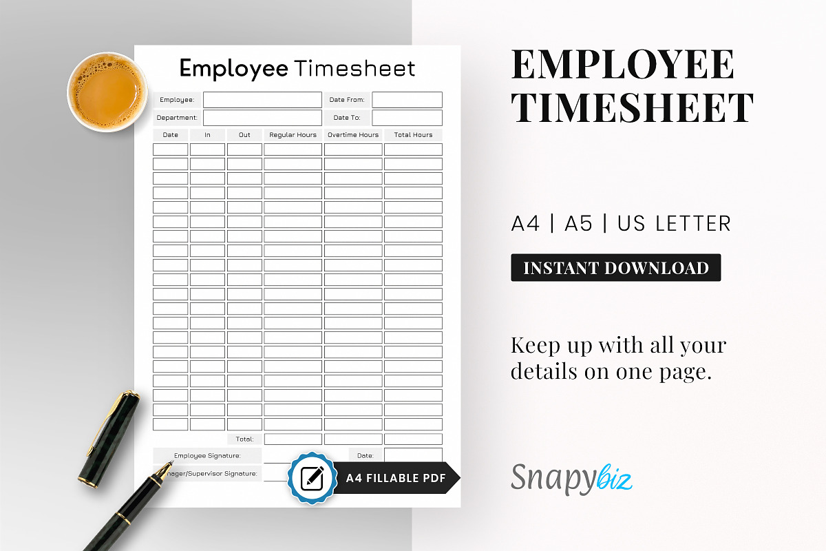 Fillable Employee Timesheet, a Print Template by Snapybiz