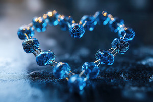 Blue glass beads arranged in a heart, a Photo by Tanuart