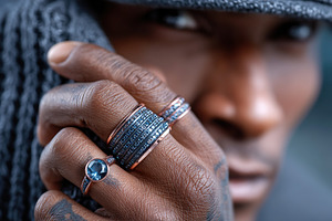 Man showcasing intricate rings while dressed stylishly in a fashionable urban s, a Beauty & Fashion Photo by AlyaAnd