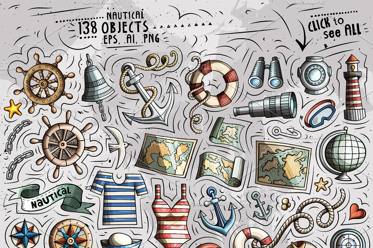 Nautical Cartoon Doodle Pack, a Decorative Illustration by BALABOLKA (Photo 3 of 10)