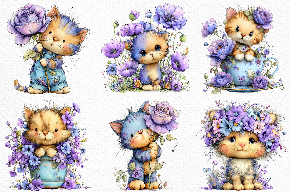 Whimsical Floral Cat Clipart Bundle, a Seasonal Illustration by Craft Nest (Photo 5 of 12)