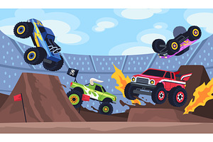 Cartoon monster trucks extreme show, a Transportation Illustration by YummyBuum