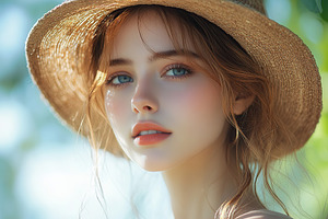 Fashion model woman enjoys sunny day outdoors in a stylish hat and natural surr, a Person Photo by AlyaAnd