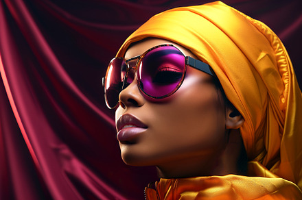 Black woman with luxury sunglasses isolated on a purple background, a Person Photo by ImageMir