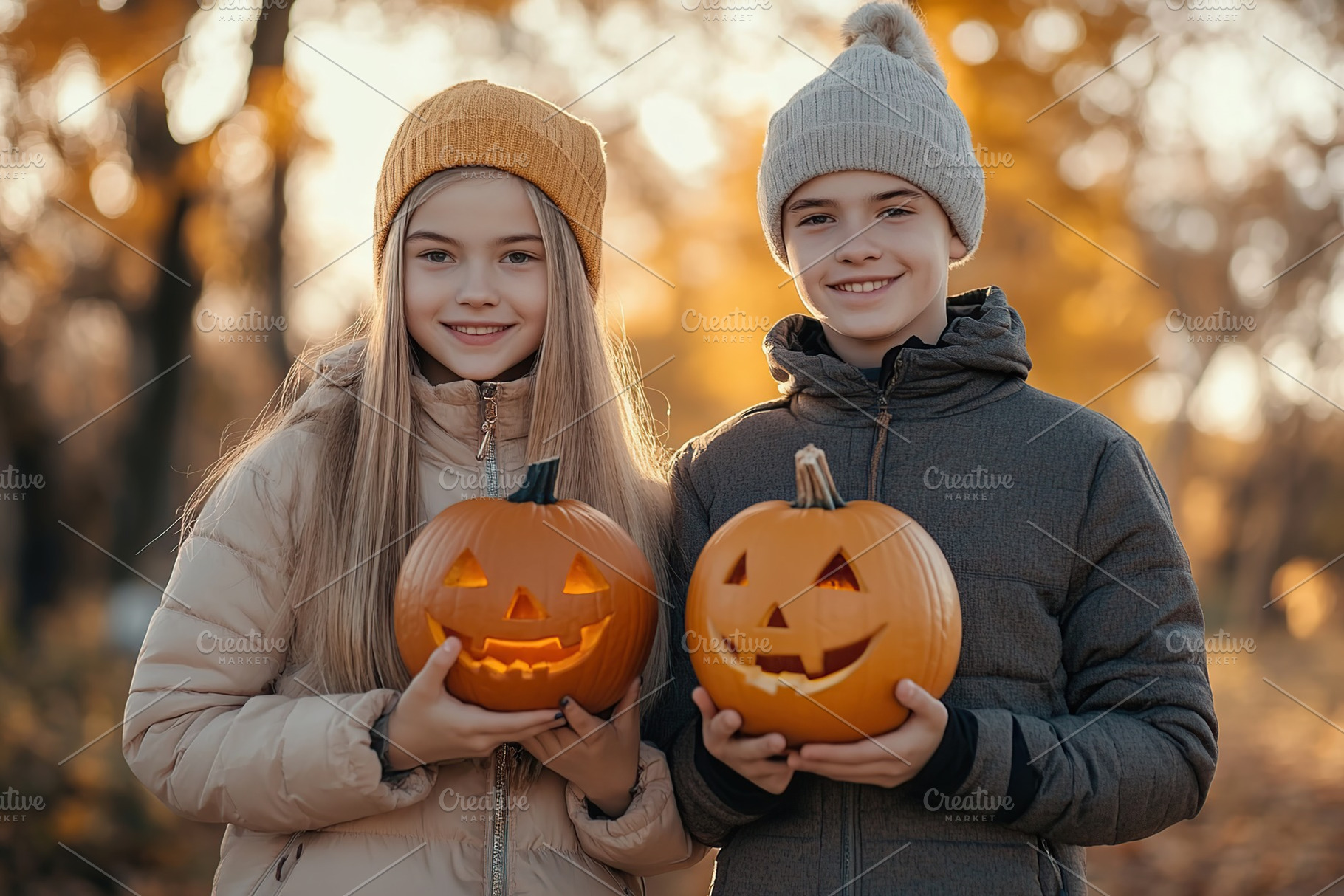 Child boy and girl holding halloween pumpkins jack o lantern in autumn park, a Person Photo by AlyaAnd