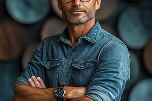 A confident middle-aged industrial designer man with glasses, wearing a denim s, a Person Photo by Textures & Backgrounds