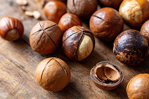 Natural macadamia nuts on wooden surface showcasing their unique textures and c, a Food & Drink Photo by AlyaAnd