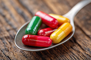 Colorful capsules on a spoon resting on a wooden surface in a warm setting, a Health & Medical Photo by AlyaAnd