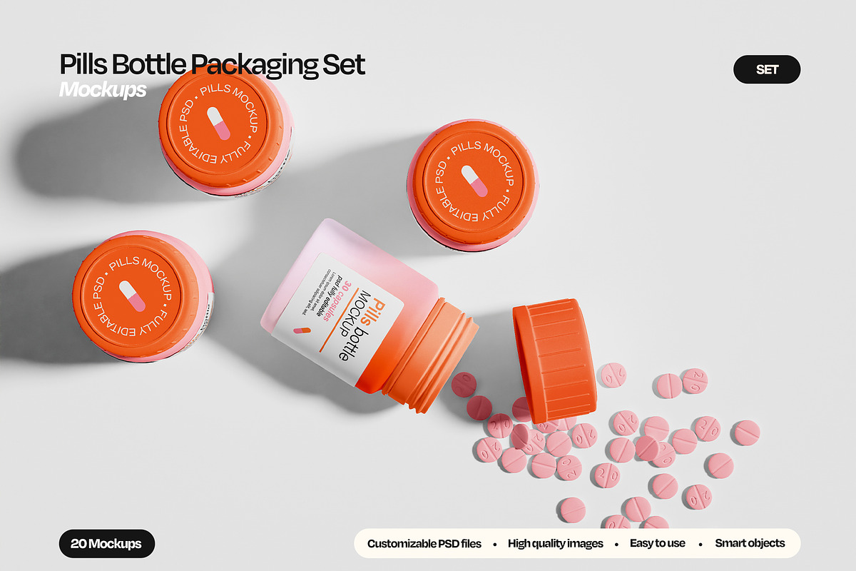 Pill Bottle Packaging Mockup Set, a Packaging Mockup by Mego-studio (Photo 1 of 10)