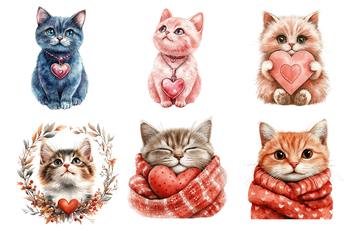 Watercolor Valentine Cats Clipart, an Illustration by Dream Creation (Photo 4 of 7)
