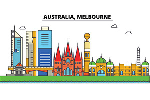 Australia, Melbourne. City Skyline: Architecture, Buildings, Streets, Silhouette, Landscape, Panorama, Landmarks. Editable Strokes. Flat Design Line V