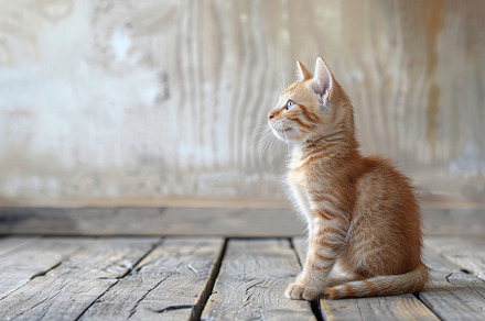 Cute cat sitting on floor near blank wall, an Animal Photo by AlyaAnd