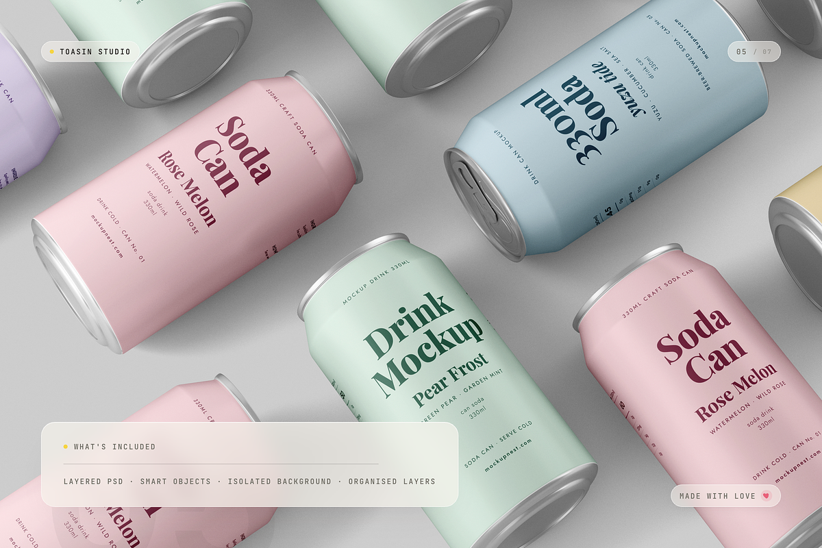 330ml Soda Can Mockup, a Packaging Mockup by Toasin Studio (Photo 5 of 7)