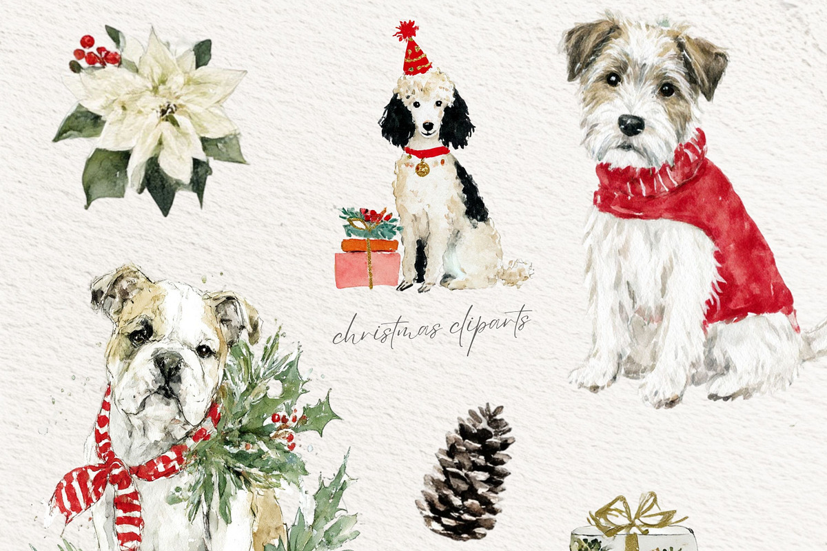 Christmas Watercolor Dogs Clipart, a Seasonal Illustration by artinspirestudio (Photo 7 of 8)