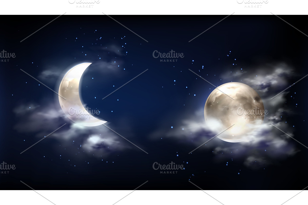 Full moon and crescent in night sky, a Texture Illustration by art PVP ...