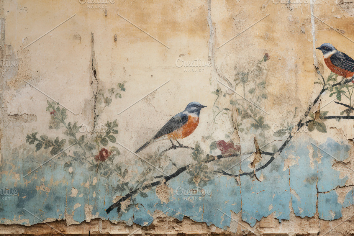 Ancient fresco of garden, damaged mu, an Illustration by Lopatin Photo