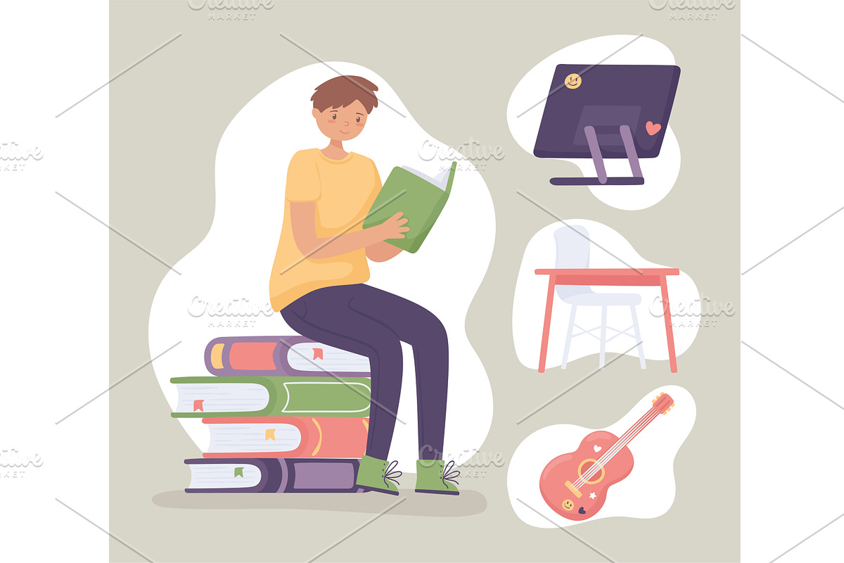 set of boy learning, a Person Illustration by studiogstock