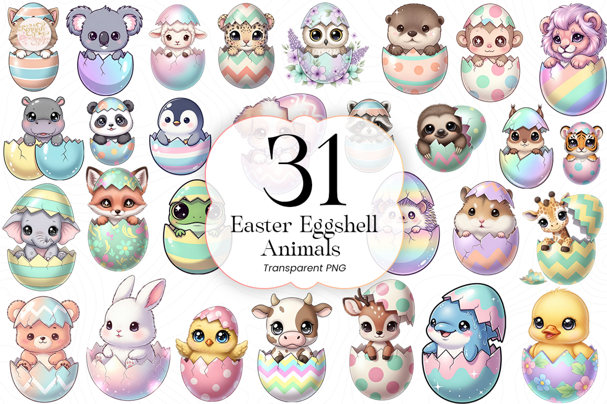 Easter Eggshell Animals PNG Clipart., an Animal Illustration by KennedyStudio (Photo 1 of 5)