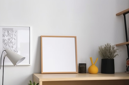 Blank print frame mockup with plants and decor on light backgrou, a Photo by Dvoevnore photos