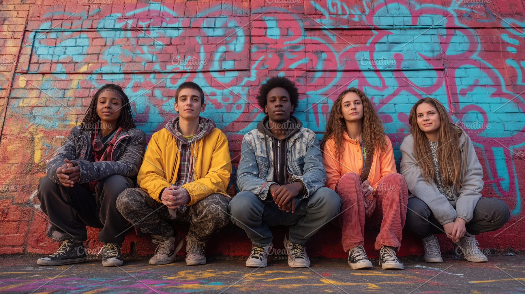 A diverse group of five young people sitting on the ground in front of a colorf, a Person Photo by Textures & Backgrounds