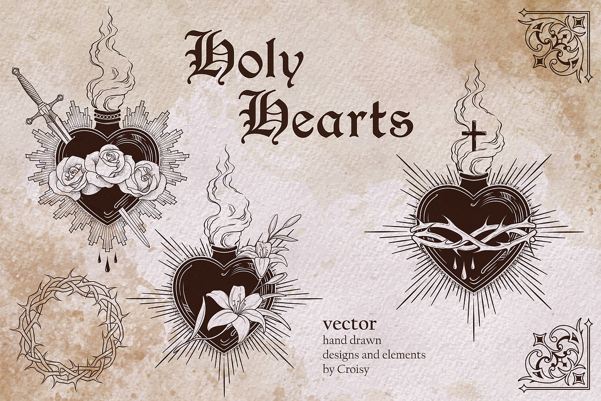 Holy Hearts Hand Drawn Vector Arts, a Decorative Illustration by Croisy (Photo 1 of 7)