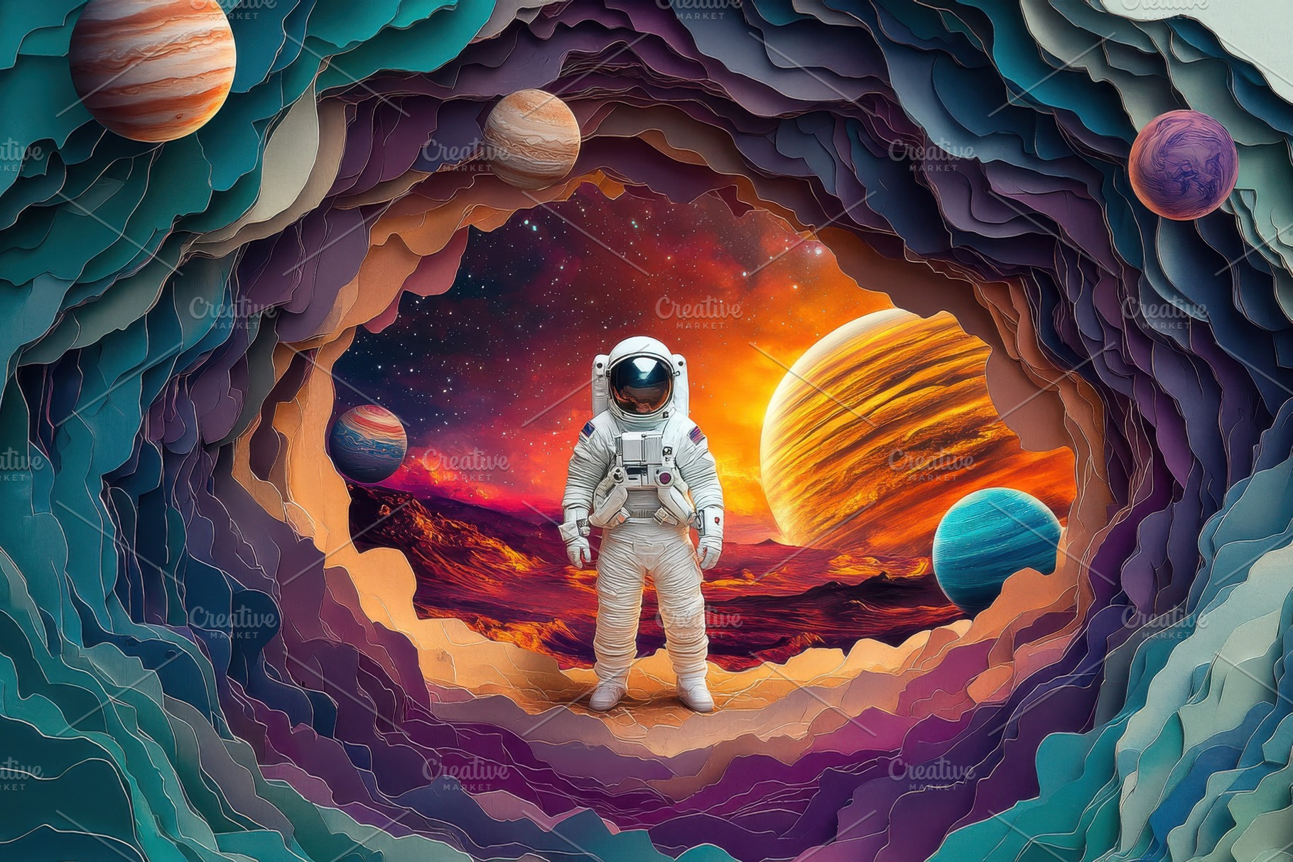 Astronaut in a paper art cosmic land, a Photo by Pixeness Studio