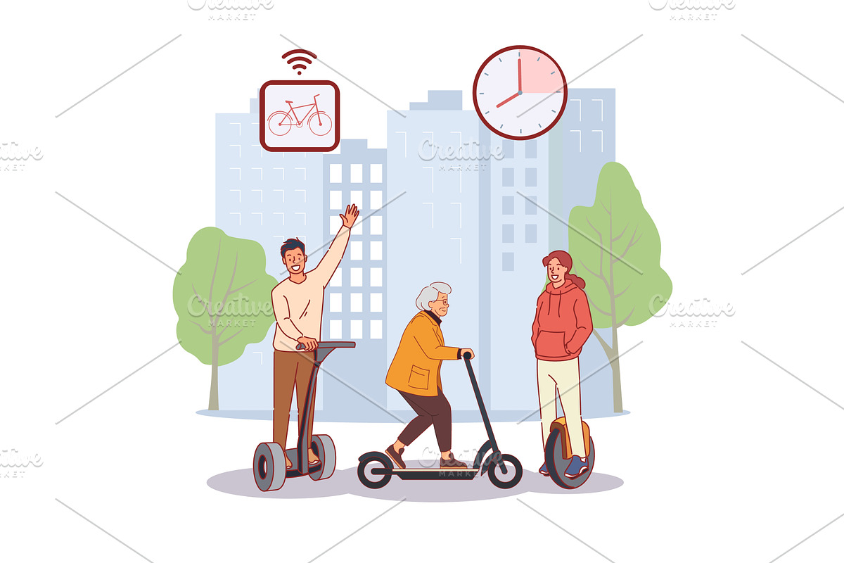 City electric transport. People, a Transportation Illustration by YummyBuum