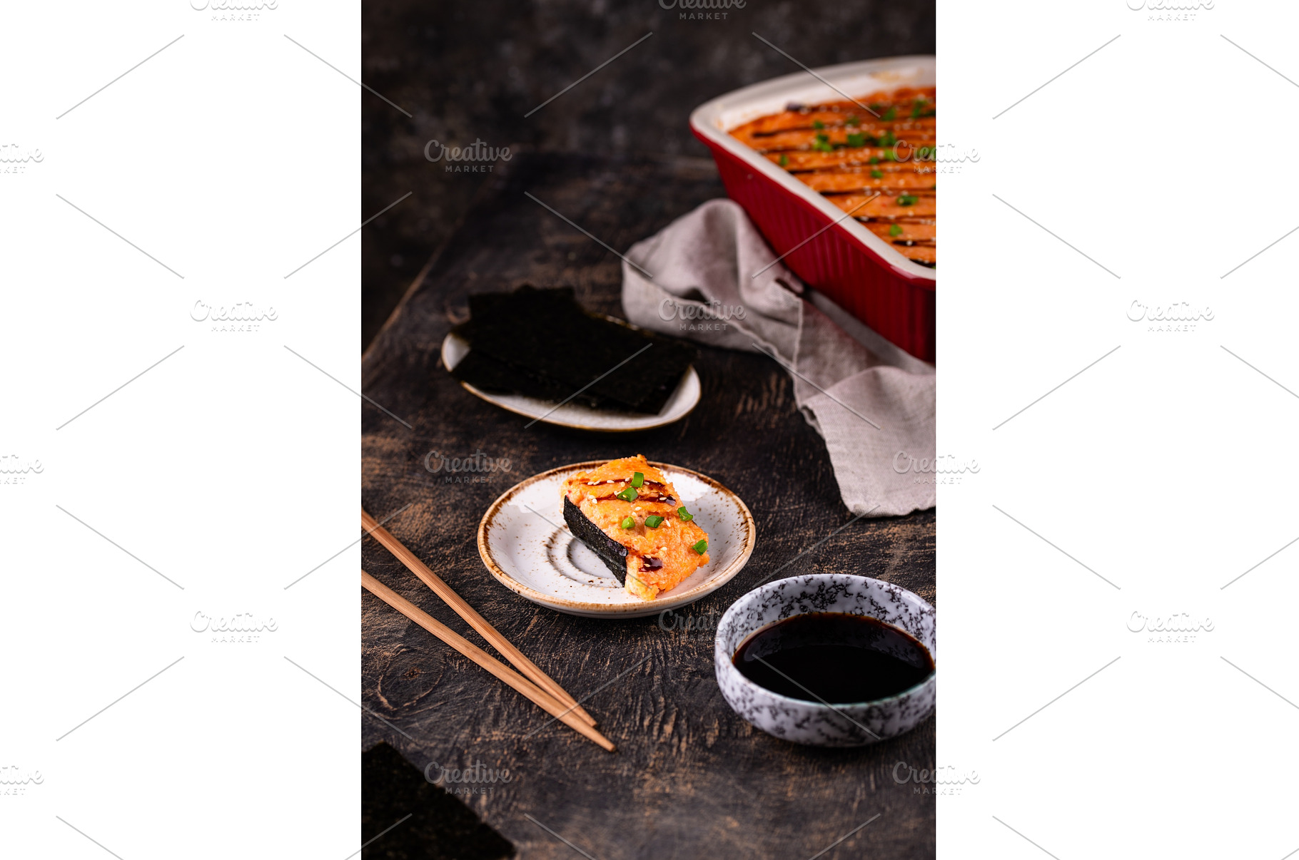 Baked sushi roll cake with crab, a Food & Drink Photo by Yulia Furman