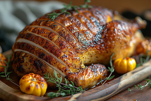 A beautifully roasted turkey garnished with fresh herbs and vibr, a Food & Drink Photo by ImageMir