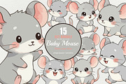 15 Bundle Watercolor Baby Mouse Grey, an Animal Illustration by Morspective (Thumbnail 1 of 8)