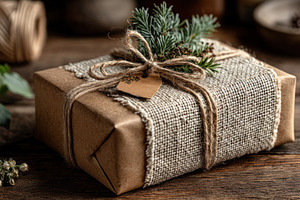 Rustic eco-friendly Christmas gift wrapped in kraft paper and bu, a Holiday Photo by José Manuel Gelpi