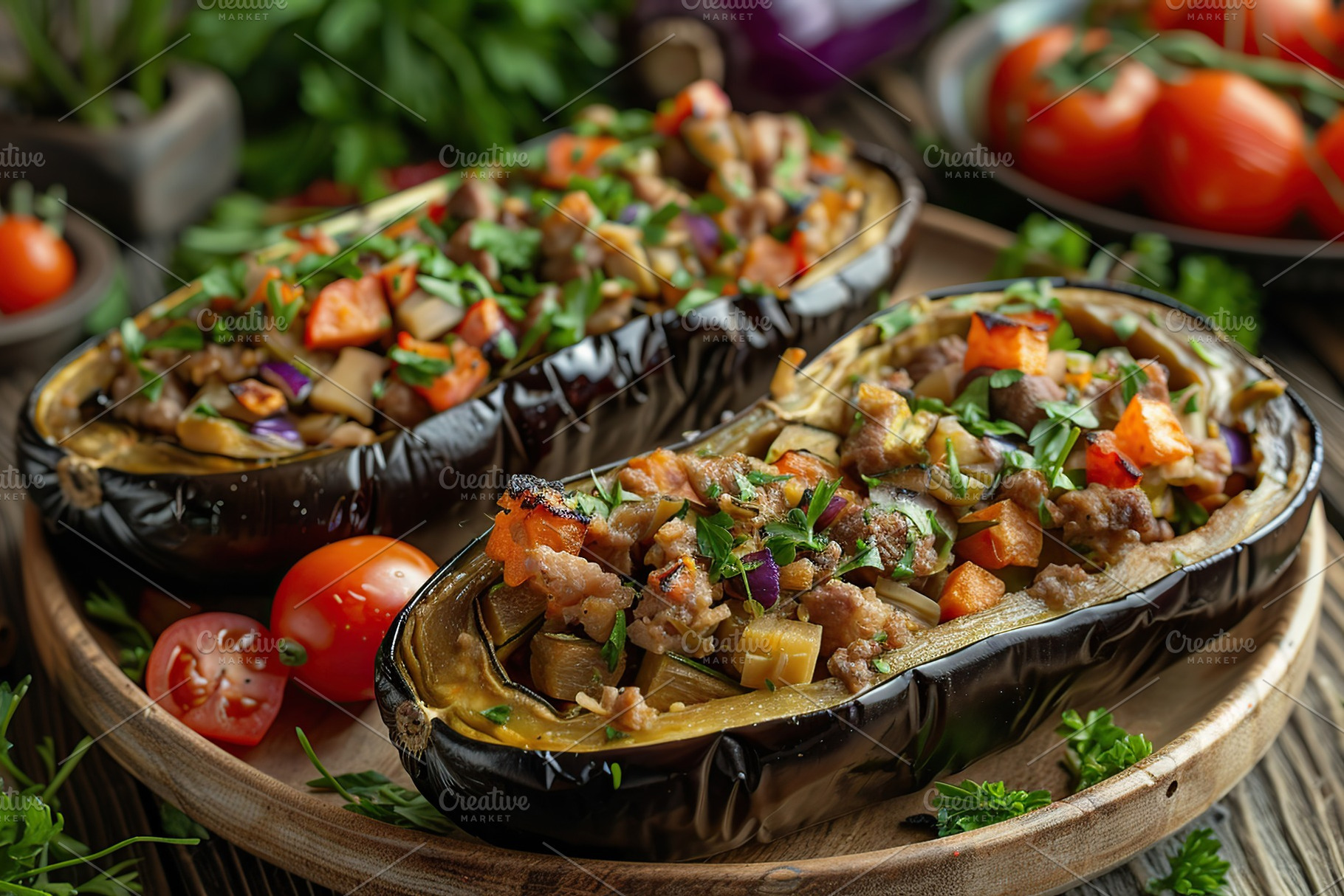 Eggplant stuffed with vegetables and meat in plate, a Food & Drink Photo by AlyaAnd