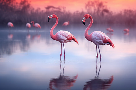 Pink flamingos standing in a lake, an Animal Photo by AlyaAnd