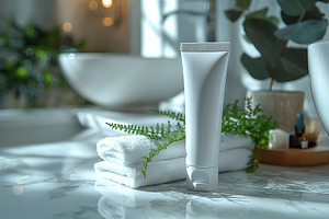 Elegant white cosmetic tube amidst a serene bathroom setting with lush greenery, a Background Photo by ImageMir