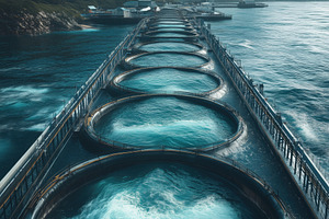 Aerial view of a large fish farm with circular tanks filled with water, surroun, a Technology Photo by Textures & Backgrounds