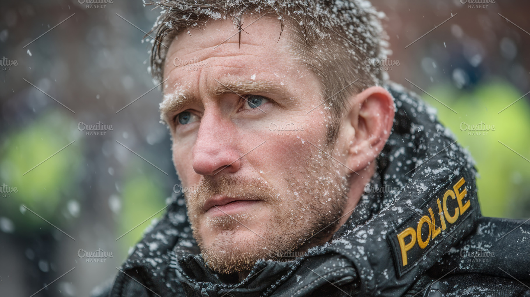 Serious police officer in uniform standing outdoors during snowfall in winter s, a Photo by AS photostudio