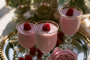Raspberry mousse dessert served in elegant crystal glasses with gold rim on a s, a Photo by Studio ANNA
