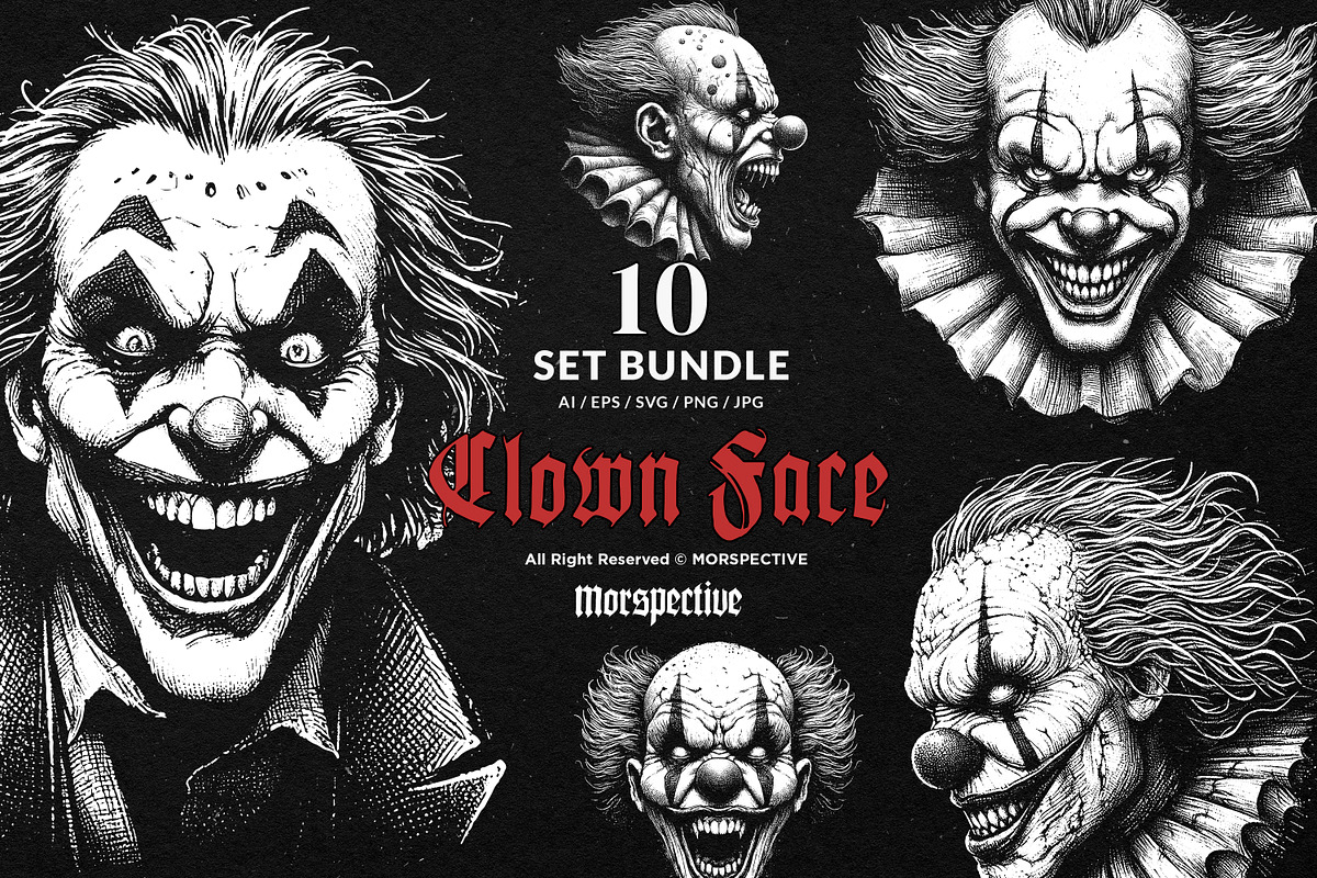 10 Bundle Dark Art Clown Scary Face, an Illustration by Morspective (Photo 1 of 7)