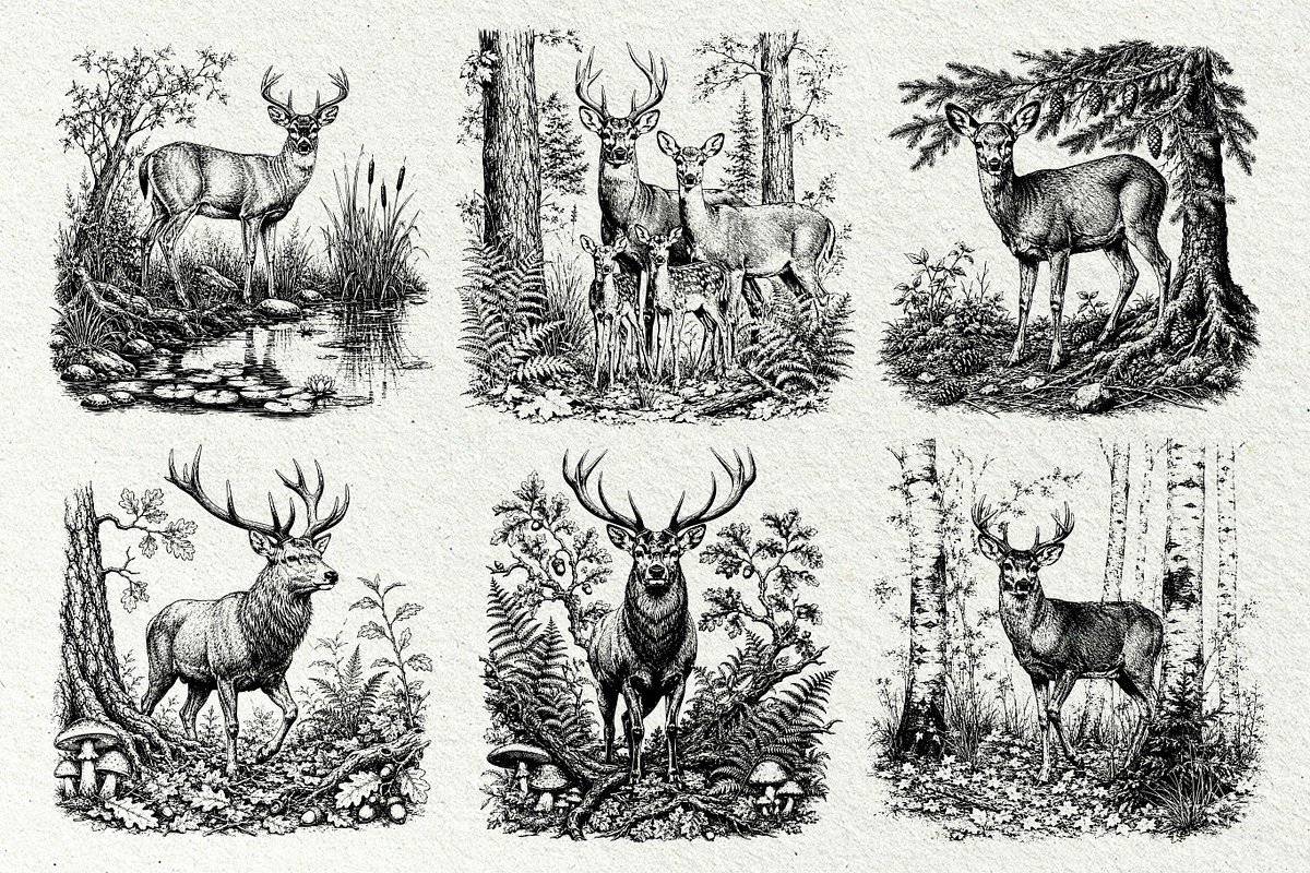 Woodland Deer Engraving Graphics, an Animal Illustration by DENIDigitalArtSudio (Photo 3 of 7)