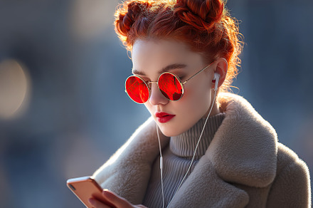 Young woman with red hair and sunglasses listens to music on her phone outdoors, a Person Photo by AlyaAnd