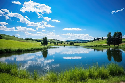 Landscape with a beautiful pond at t, a Photo by SaroStock