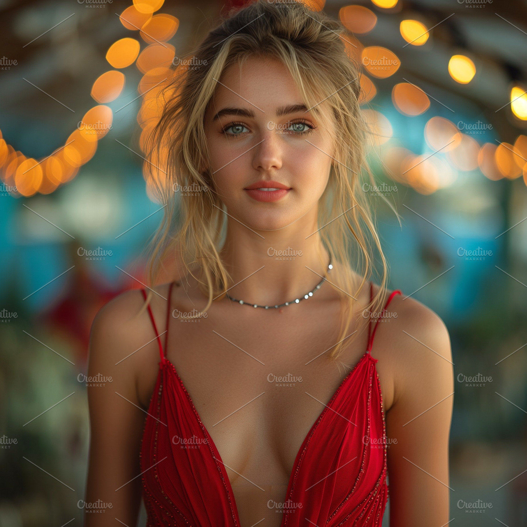 Young Caucasian woman in a stunning red dress, with soft lighting and a dreamy, a Person Photo by ImageMir