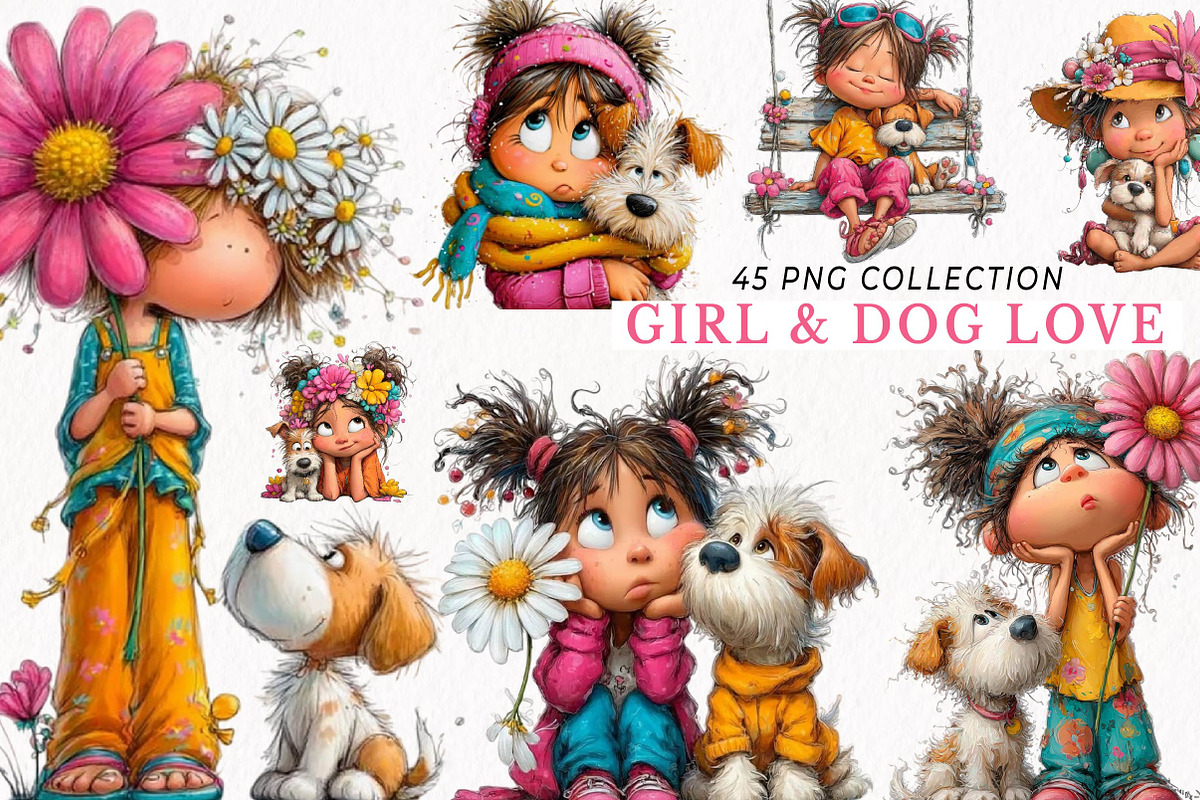 Whimsical Girl & Dog Love Clipart, a Person Illustration by fashionaddict (Photo 1 of 7)